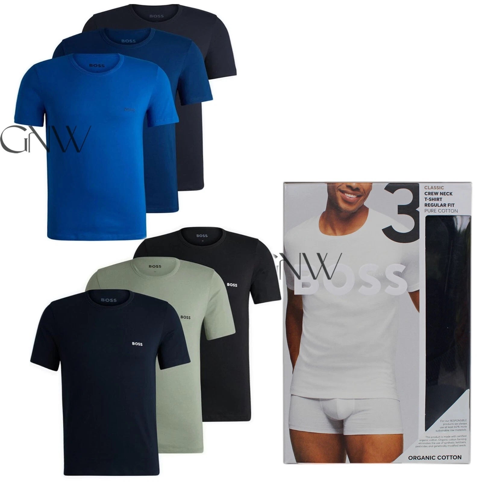 BOSS MEN CREW NECK SHORT SLEEVE LOGO T SHIRT 3 PACK ORGANIC COTTON Was £45