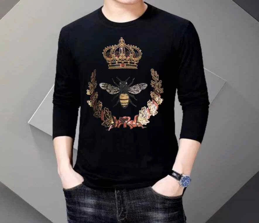 New Men Fashion Diamond Bee Crown Rhinestones Luxury T-Shirt  High Quality