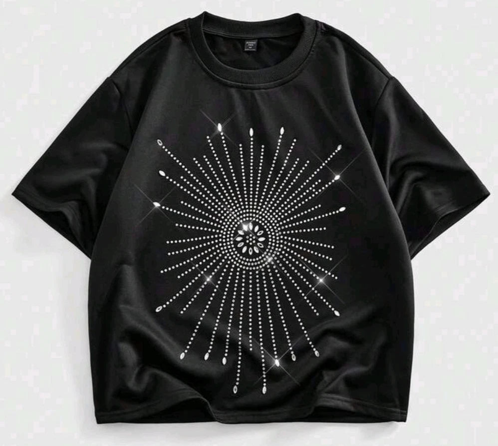 New Men Women Luxury Diamond Rhinestones Fashion Black T-Shirt High Quality