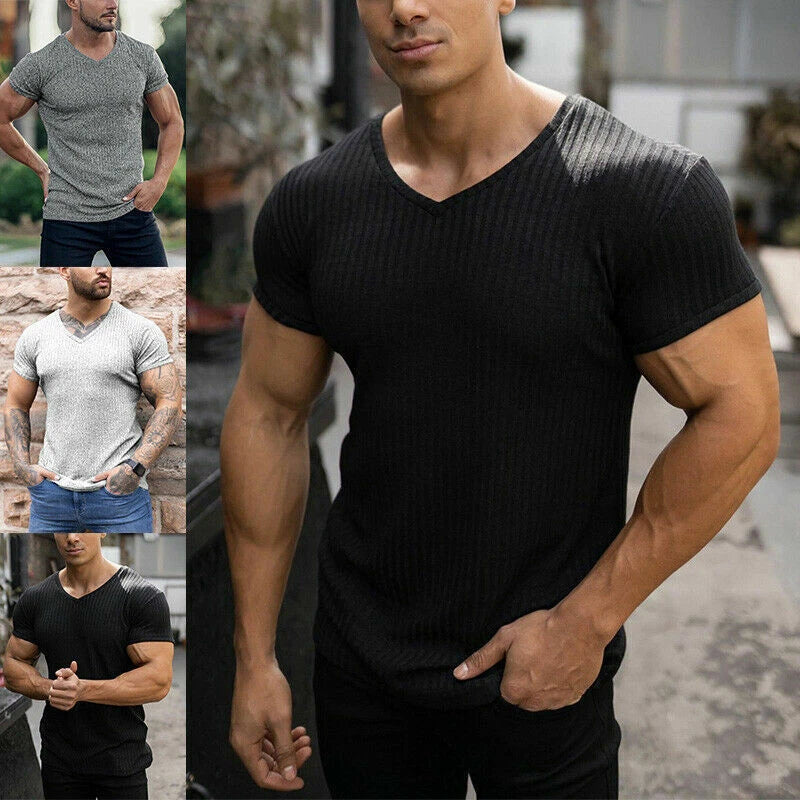 Mens T-shirt V Neck Top Short Sleeve Slim Fit Stretch Sport Gym Muscle Tee