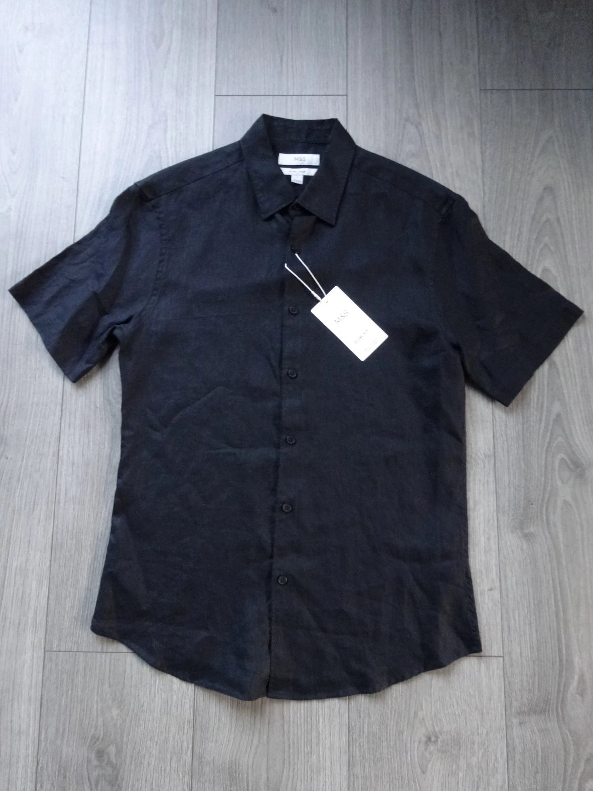 M&S MARKS & SPENCER BLACK SLIM FIT PURE LINEN SHORT SLEEVE SHIRT SIZE S