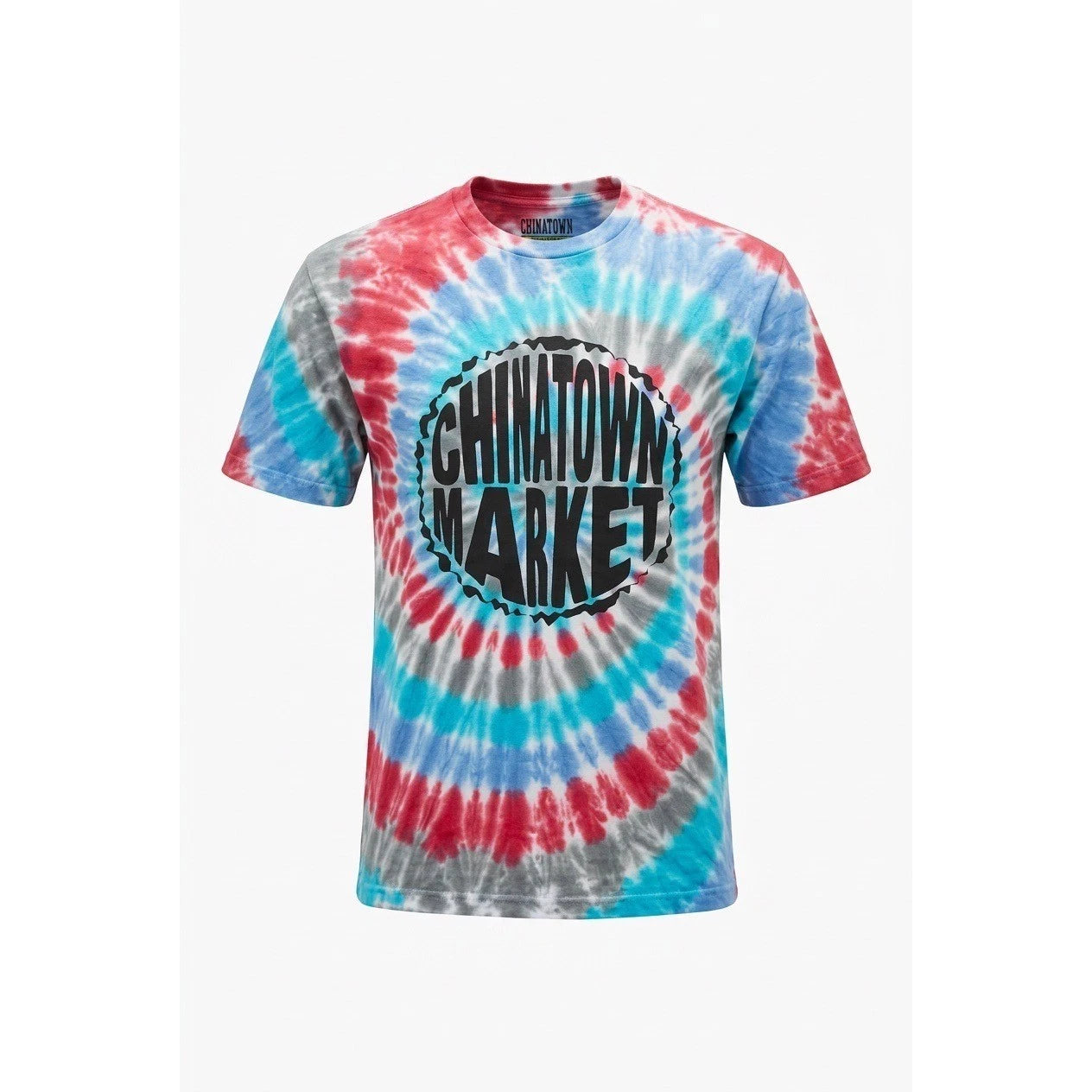 Chinatown Market Mens Large Tie Dye Graphic T-Shirt Red Blue Grey Spiral Logo