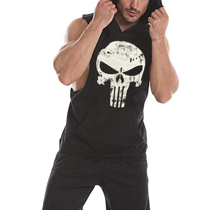 Men's Workout Bodybuilding Hoodies T-Shirt Gym Sleeveless Muscle Hooded Tank Top