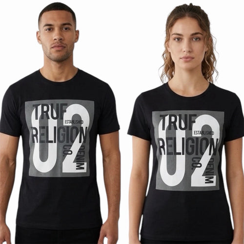 $79 TRUE RELIGION Black TEXT ART Short Sleeve Designer Graphic T-shirt NWT