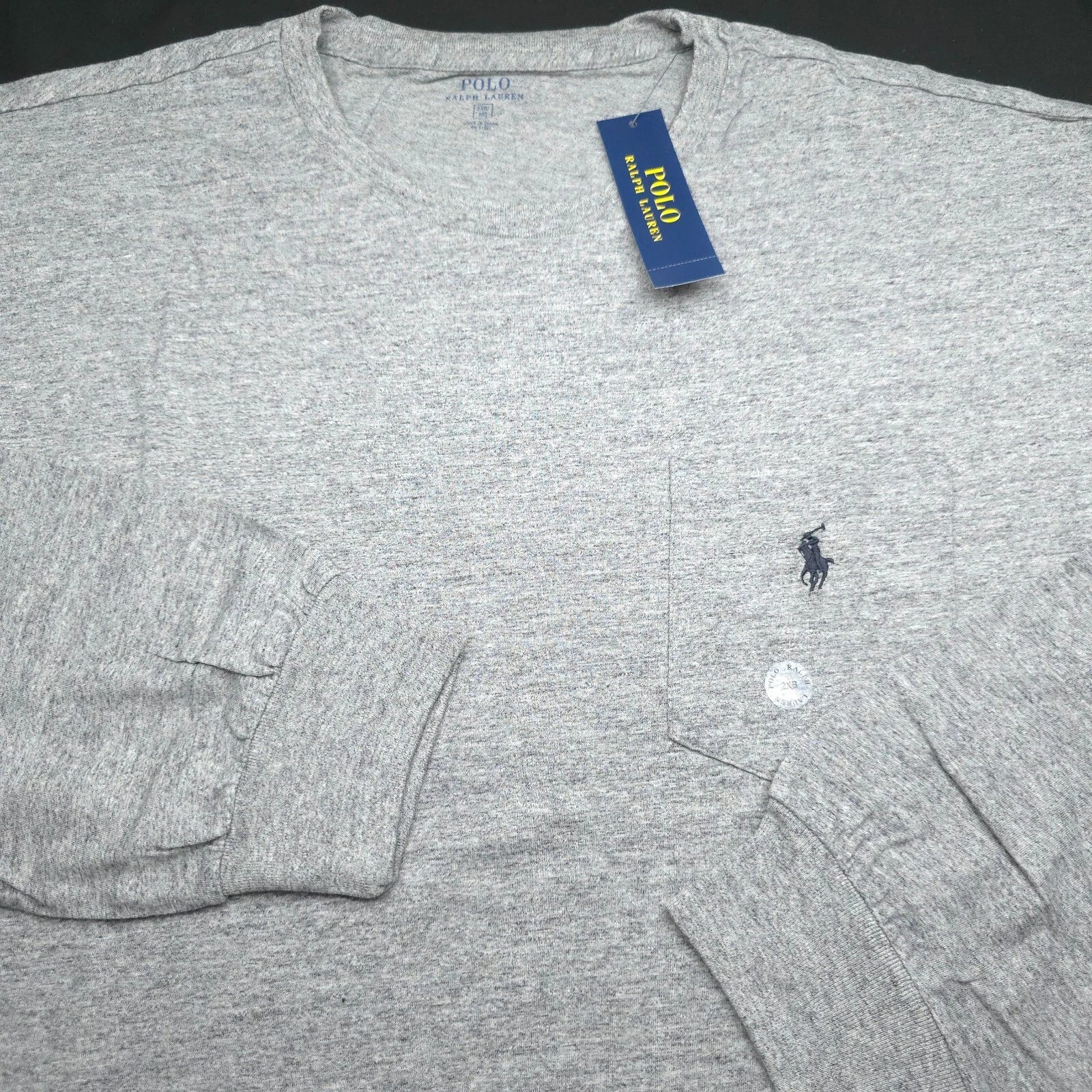 POLO RALPH LAUREN CREW T-SHIRT -2XB BIG XXL GRAY -LONG SLEEVE POCKET -BLACK PONY