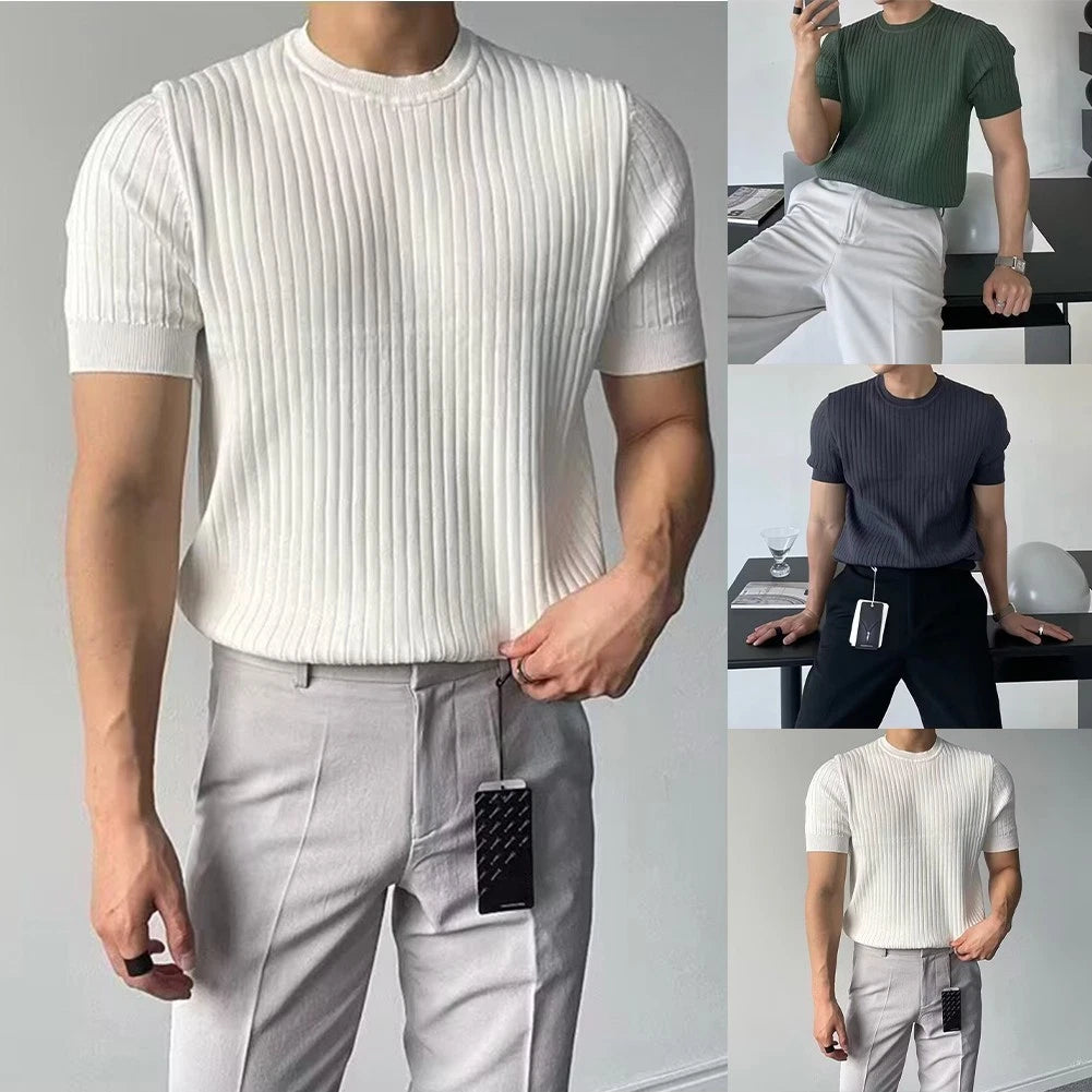 Men Slim T-shirt Slim Fit Knitted Elastic Crew Neck Polyester Regular Length