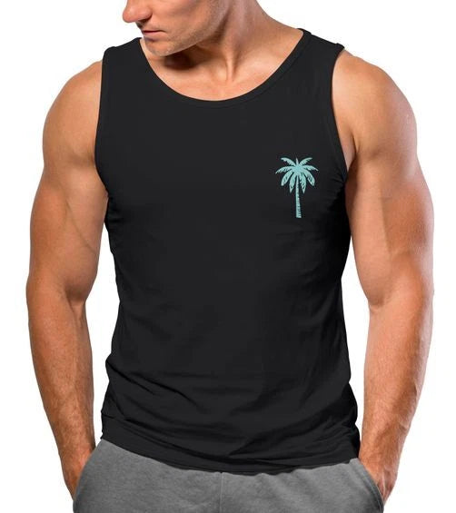 Mens Tank Top Summer Shirt Chest Logo Palm Tree Print Fashion Surfing