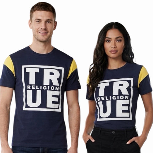 $79 TRUE RELIGION Michigan Navy SQUARE FOOTBALL Short Sleeve Designer T-shirt