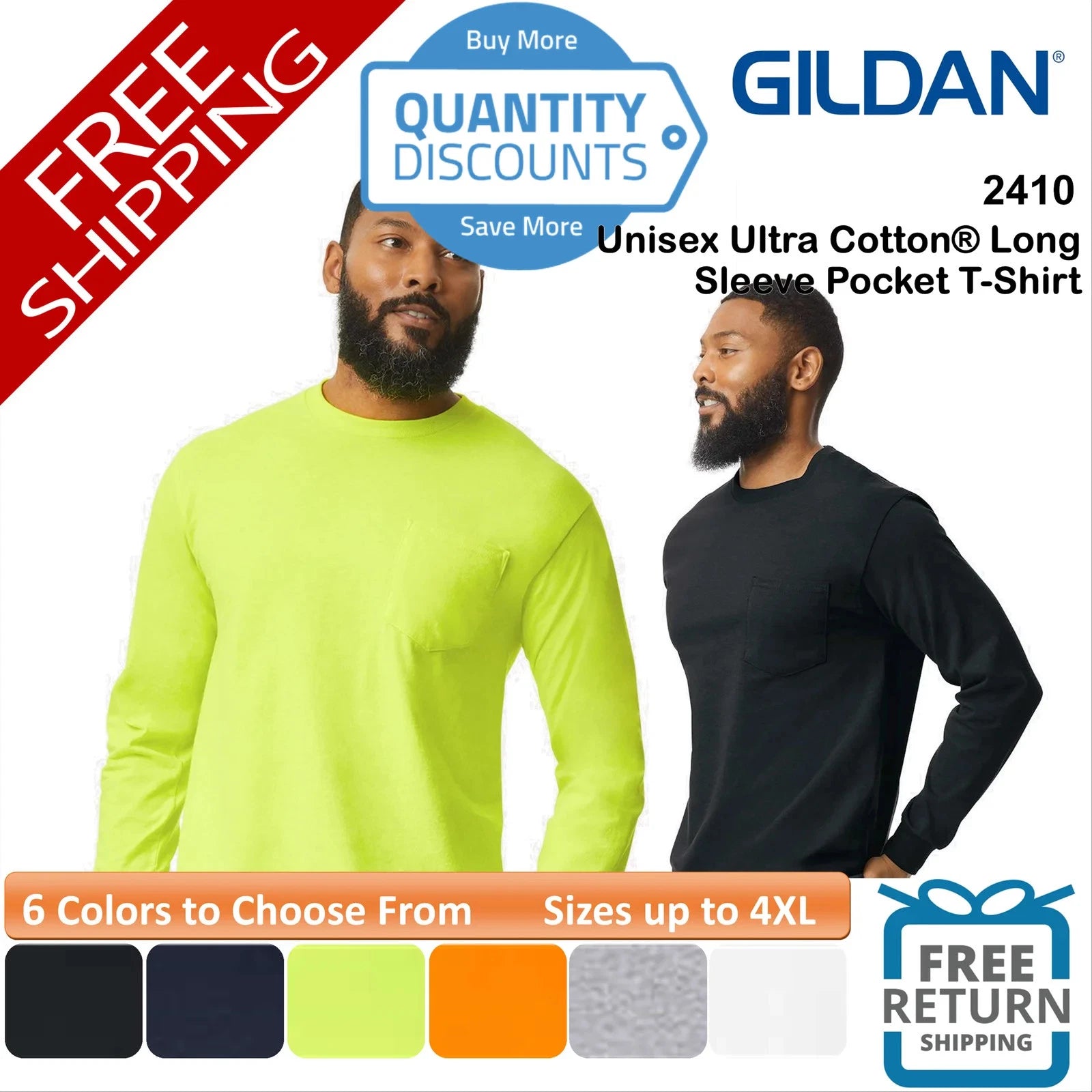🔥 Gildan Men's Ultra Cotton & Blends Long Sleeve Pocket T-Shirt Up To 4XL 2410