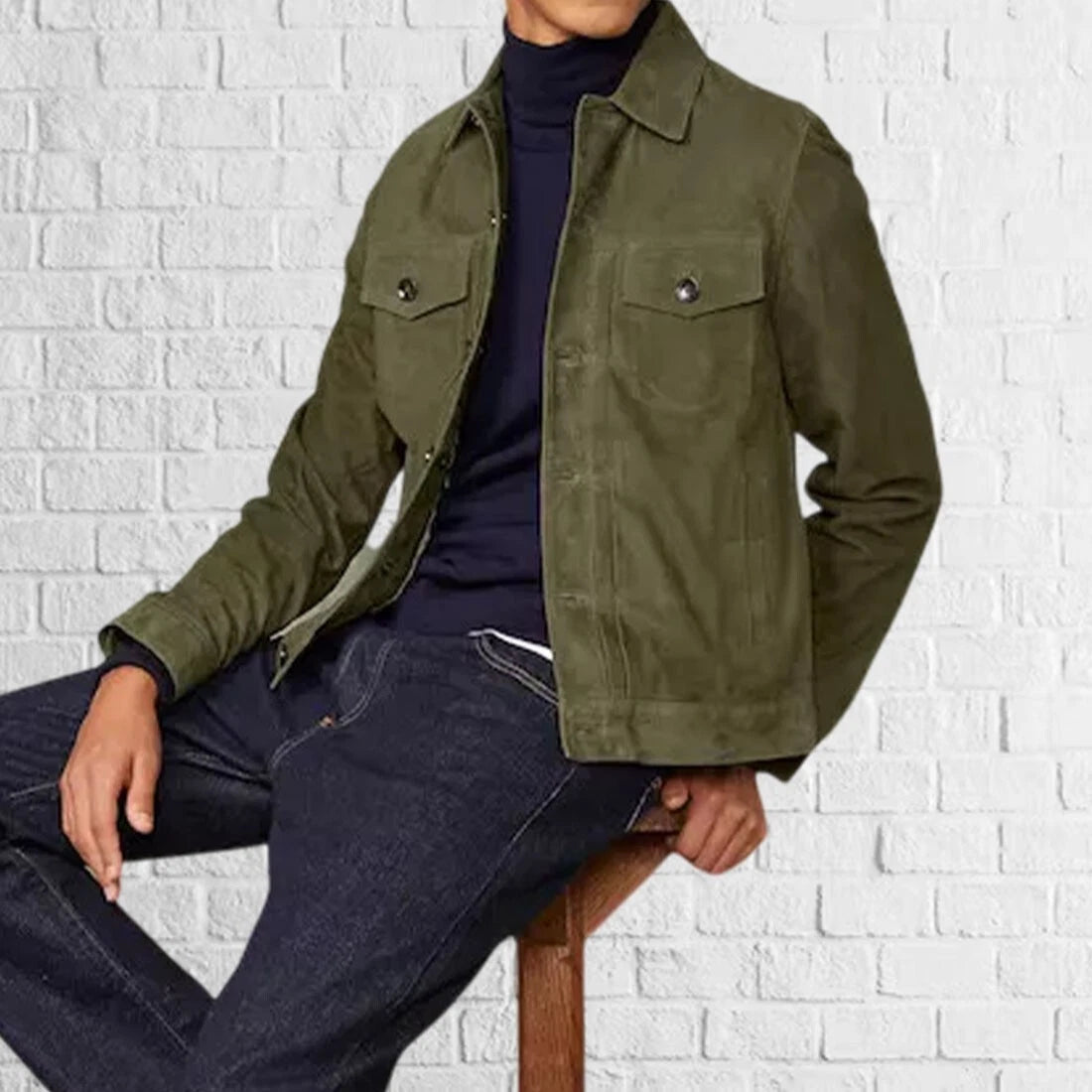 NEW Men Sheepskin Suede Real Olive Green Leather Shirt Handmade Casual Wear