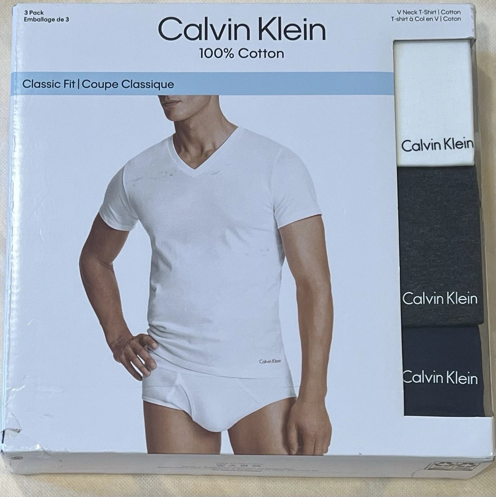 CALVIN KLEIN 3 PACK CLASSIC FIT  Soft Breathable Cotton T-SHIRTS V Neck LARGE