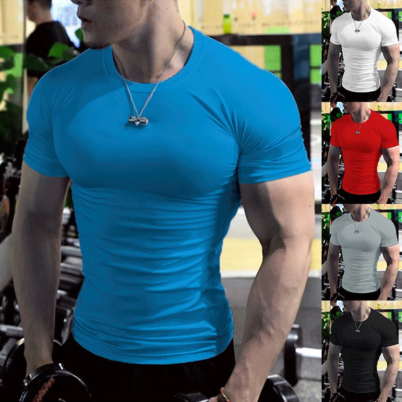 Mens O-Neck Short Sleeve Top T-shirt Slim Fit Stretch Sport Gym Muscle Tee Tun 」