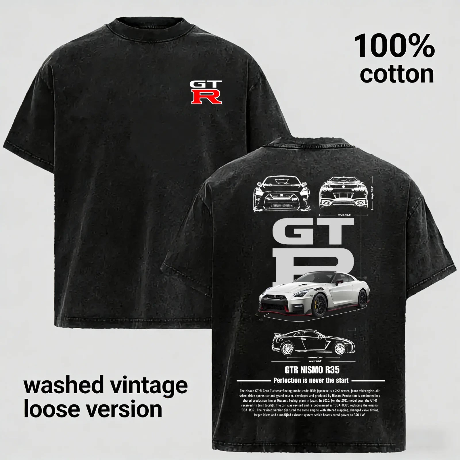 Unisex Vintage Street Style Graphic Gtr R35 T-Shirt, Comfortable Cotton Wash Tee