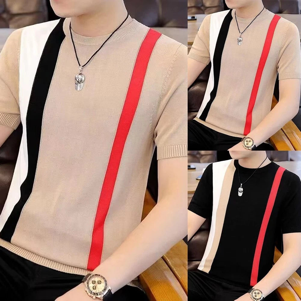 Men's Slim Fit Korean Style Striped Round Neck Short Sleeve Undershirt Top