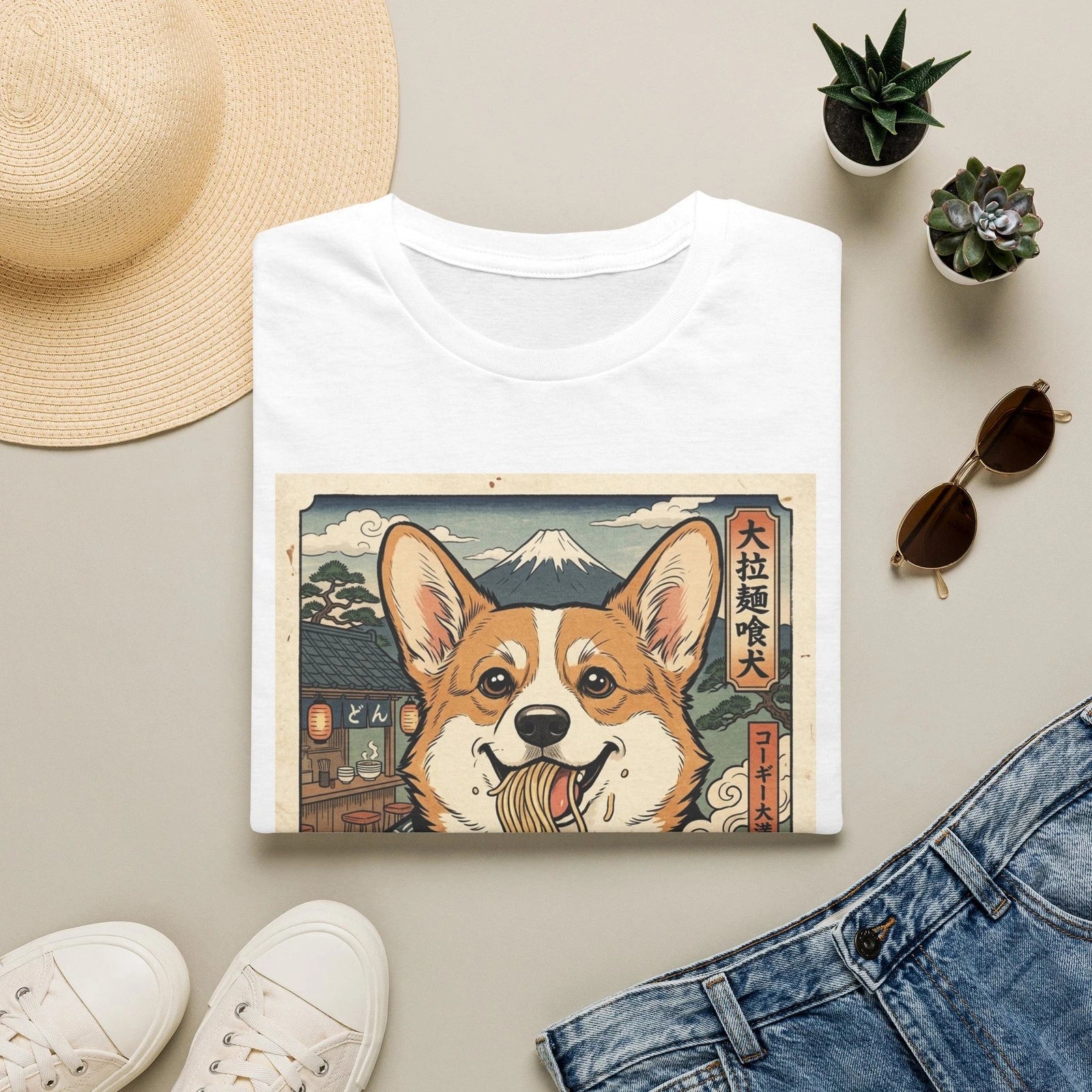 Corgi Ramen Illustration T-Shirt | Japanese Retro Dog Art