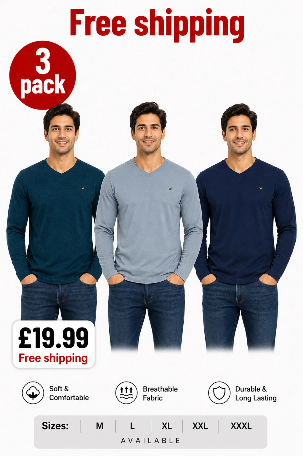 3 Pack Mens V-Neck T-Shirts Long Sleeve Plain Tops Multipack Classic Essential