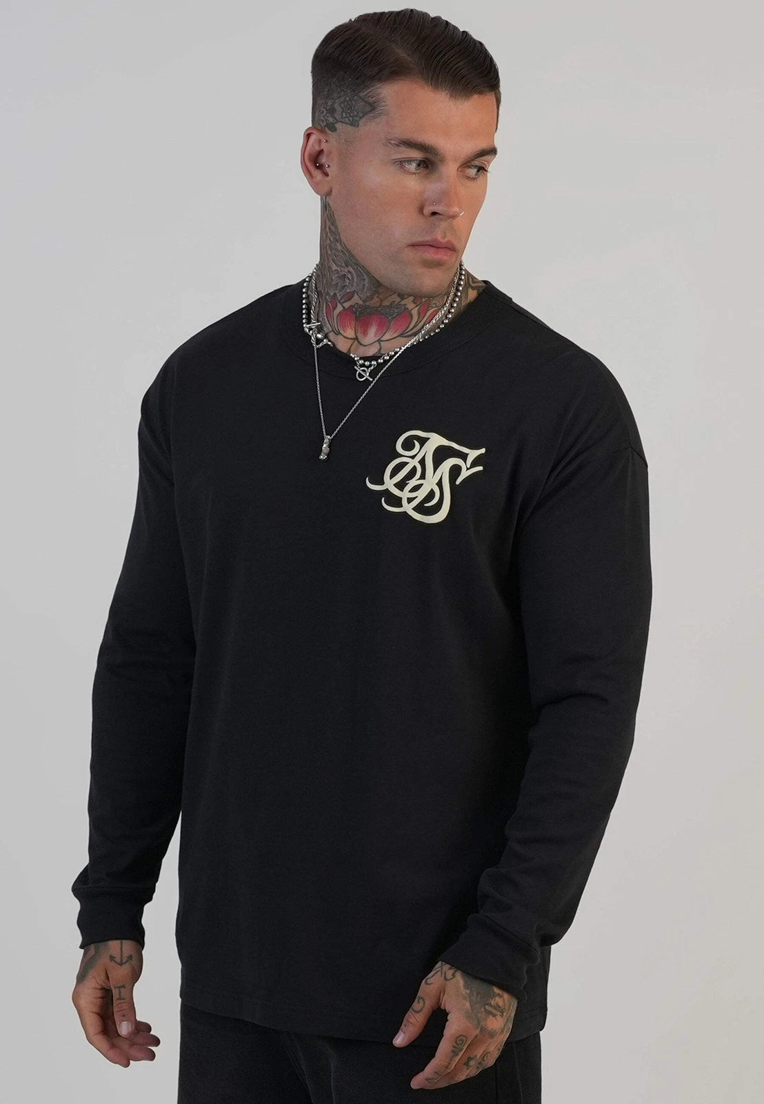 SikSilk Men's Long Sleeved Crew Neck Black Logo T-Shirt Tee