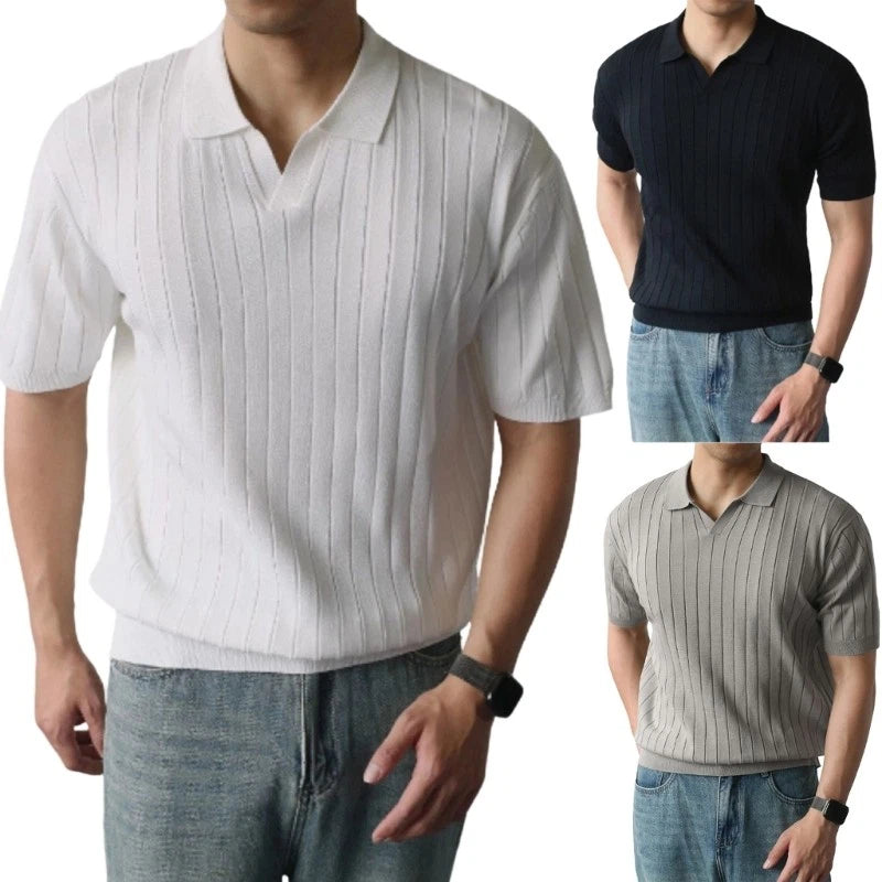 Modern Men Regular Fit Lapel Shirt Short Sleeve V Neck Knit Textured Golf Shirt