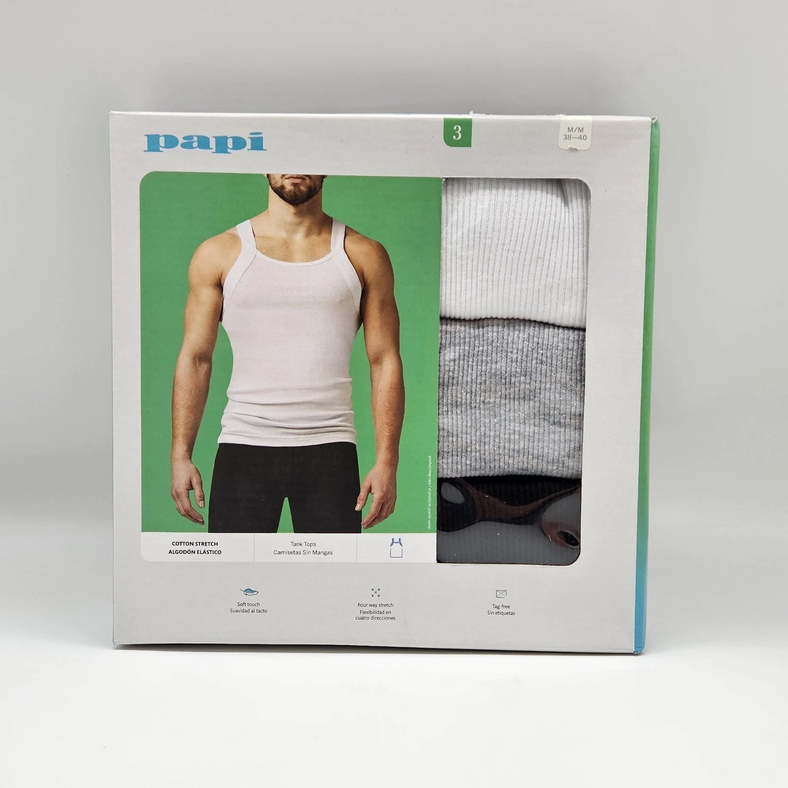 PAPI 3 Pk Mens M L Premium Cotton Modern Square Neck Tank Style Black Gray White