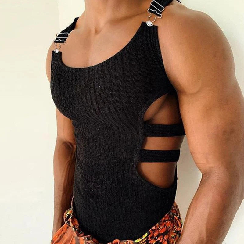 Men Tank Top Hollow Out Side Compression Athletic Muscle T-Shirt Rave Vest Club