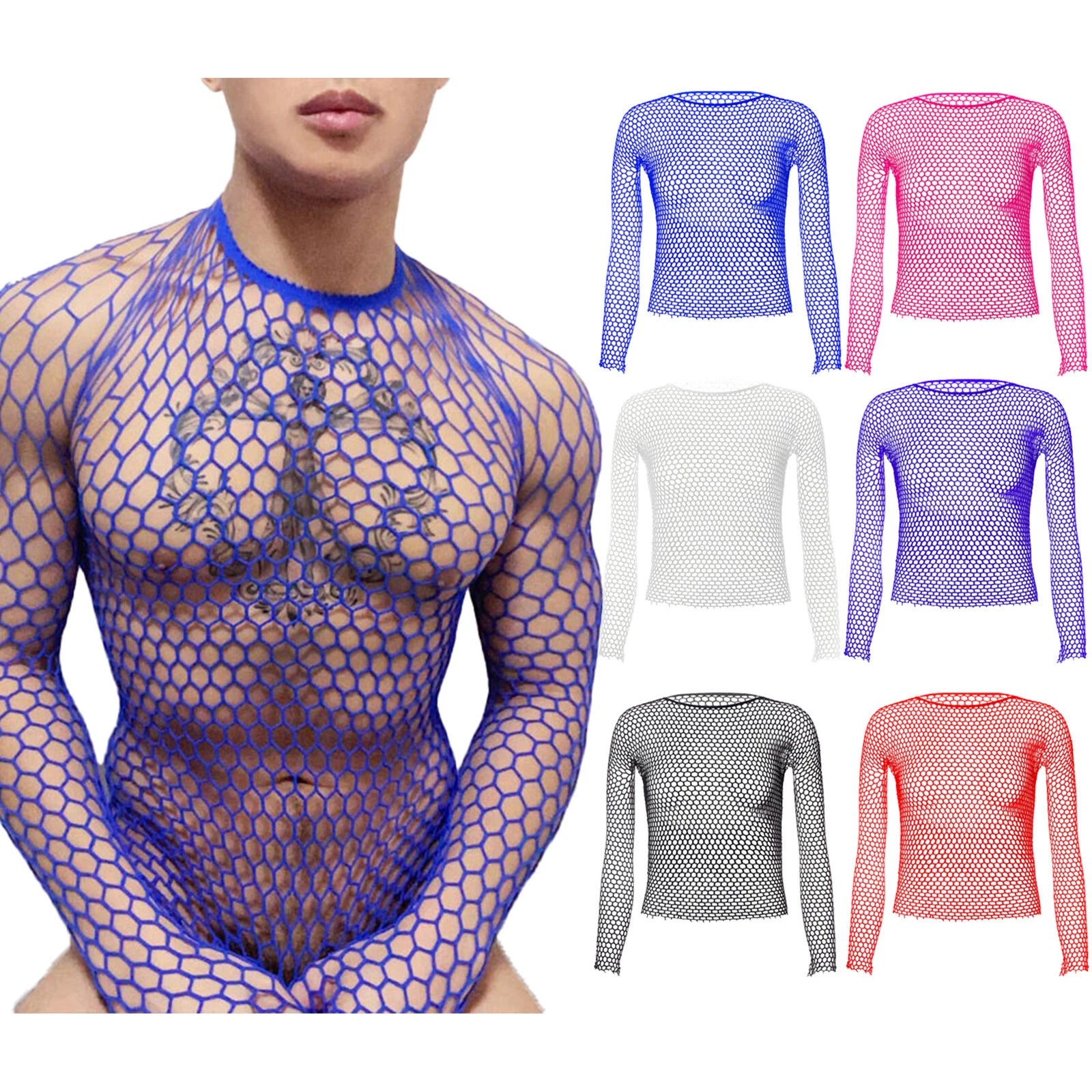 Mens Mesh Fishnet Tank Top Long Sleeve T-Shirt Slim Fit Tee Top Sheer Nightwear