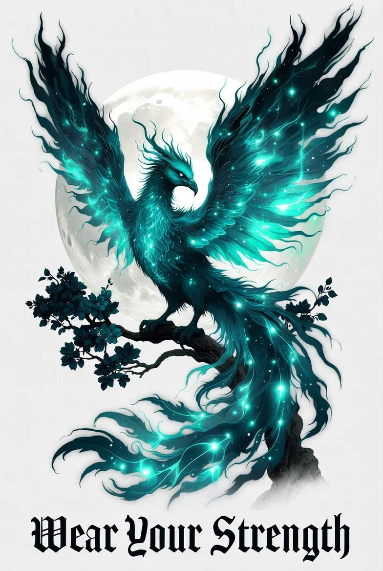 Powerful teal phoenix & gothic "Shadow Rider" on premium 260gsm black tee