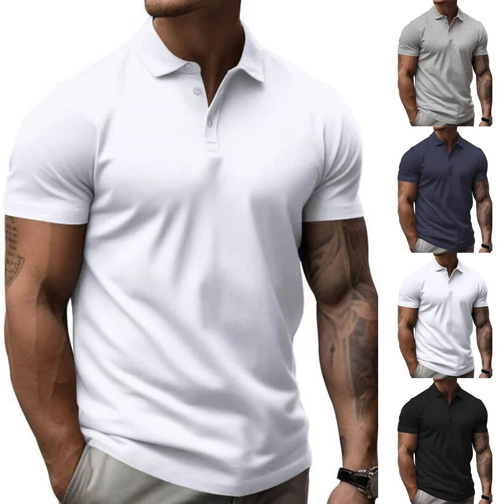 Men's Slim Fit Turn Down Collar Short Sleeve T Shirt Polyester Spandex Grey