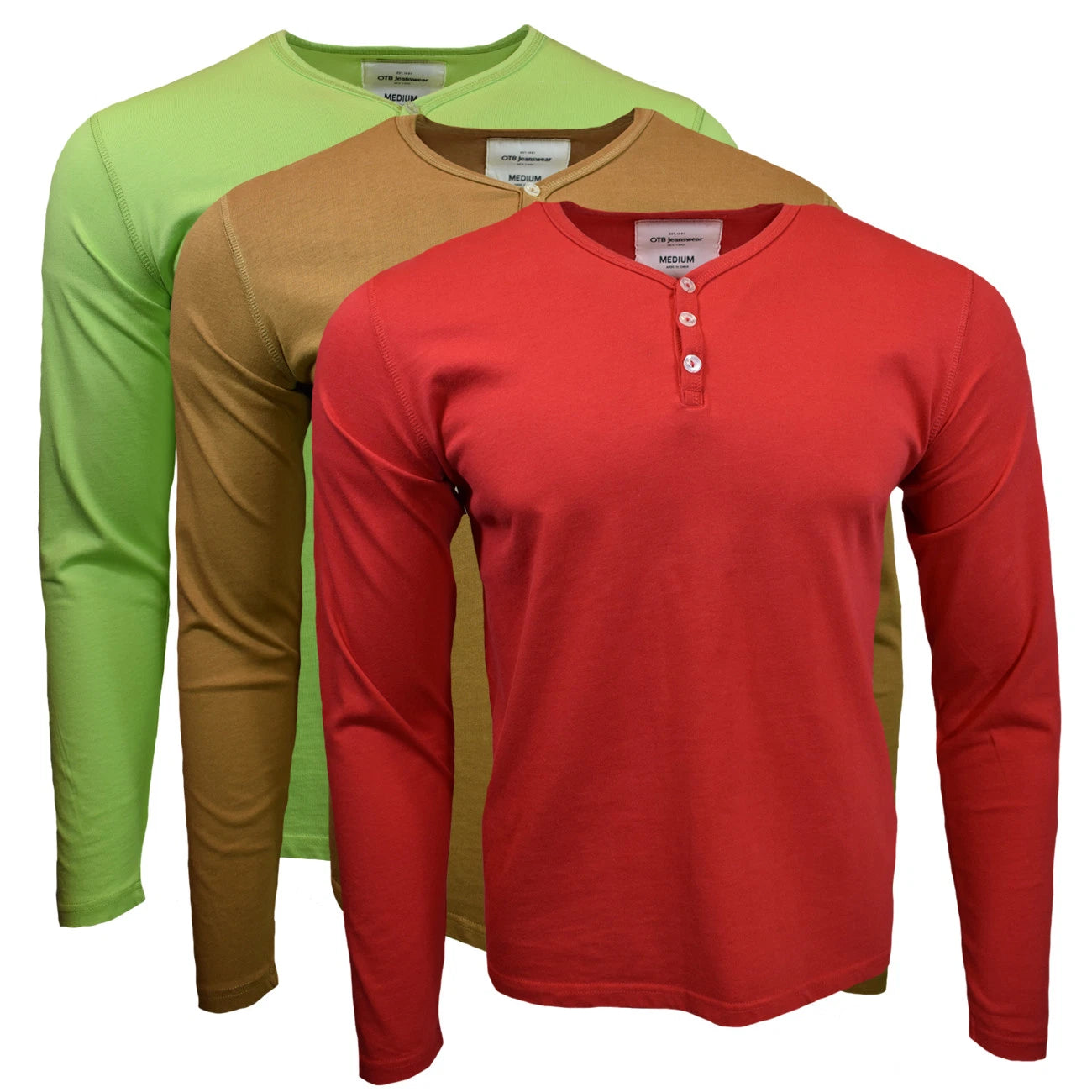 Men's Henley-Long Sleeve-OTB-Slim Fit -Pullover 3 Button Henley-100% Cotton-NEW.