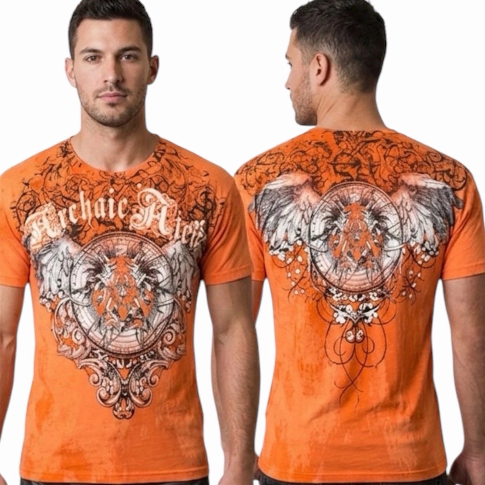 ARCHAIC by AFFLICTION Orange HERMETIC Short Sleeve Slim Fit Y2K T-shirt NWT
