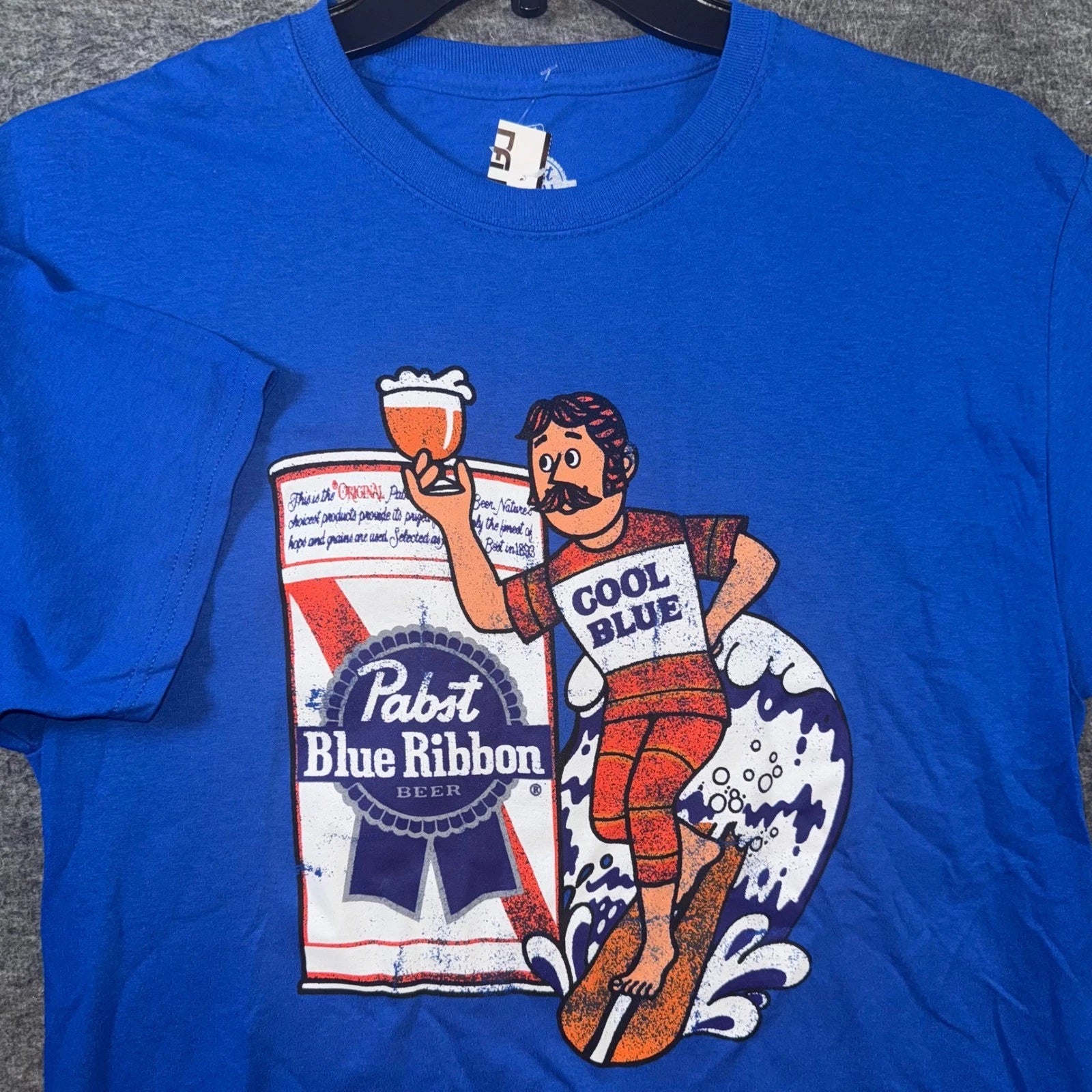 Pabst Blue Ribbon Beer T Shirt Men Surfer Dude Graphic Tee Cool Blue Sz L NEW