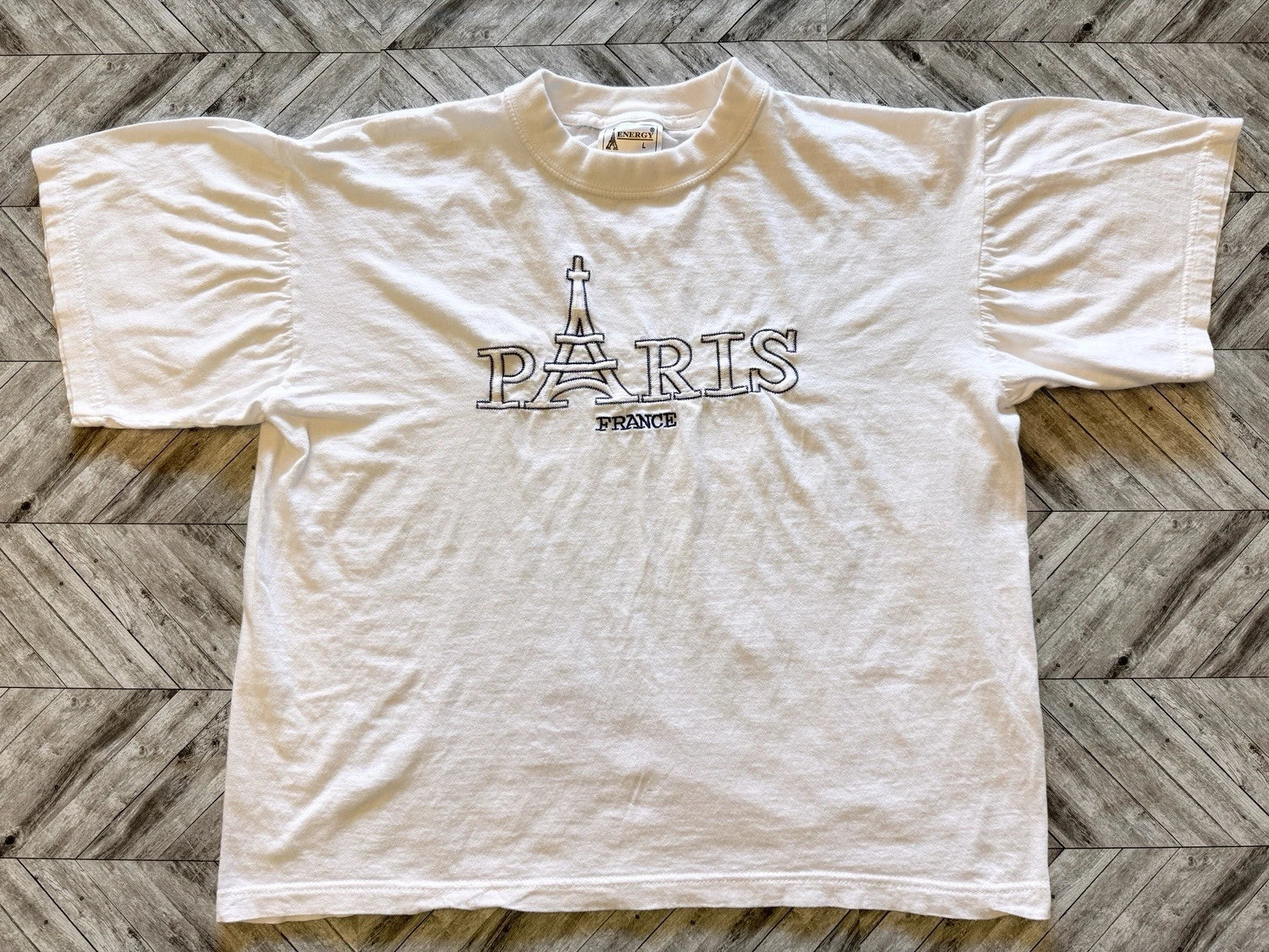 VTG Paris T-Shirt Mens Large White Eiffel Tower Boxy Streetwear Y2K Embroidered
