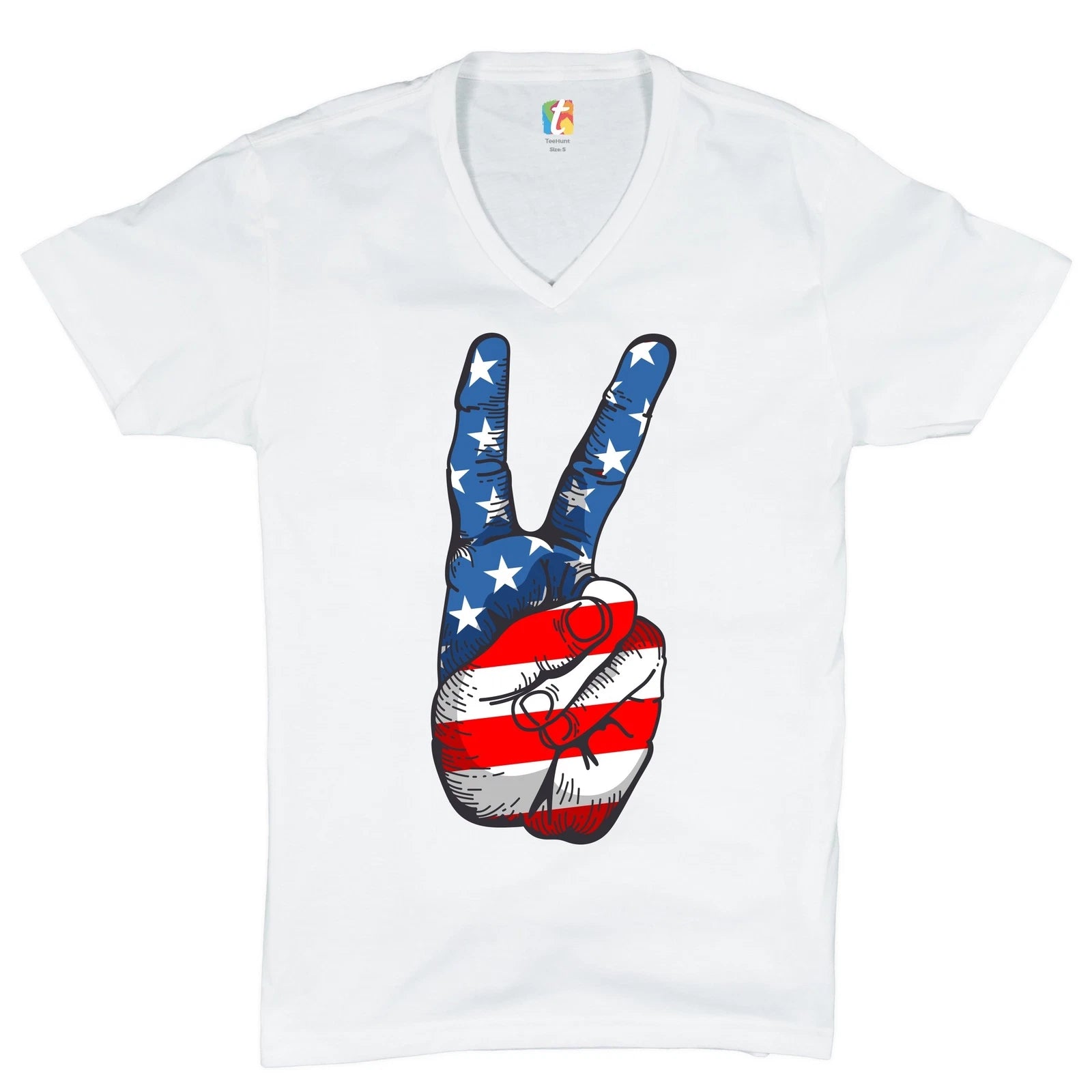 Patriotic Victory Sign V-Neck T-shirt American Flag USA Independence Day Tee