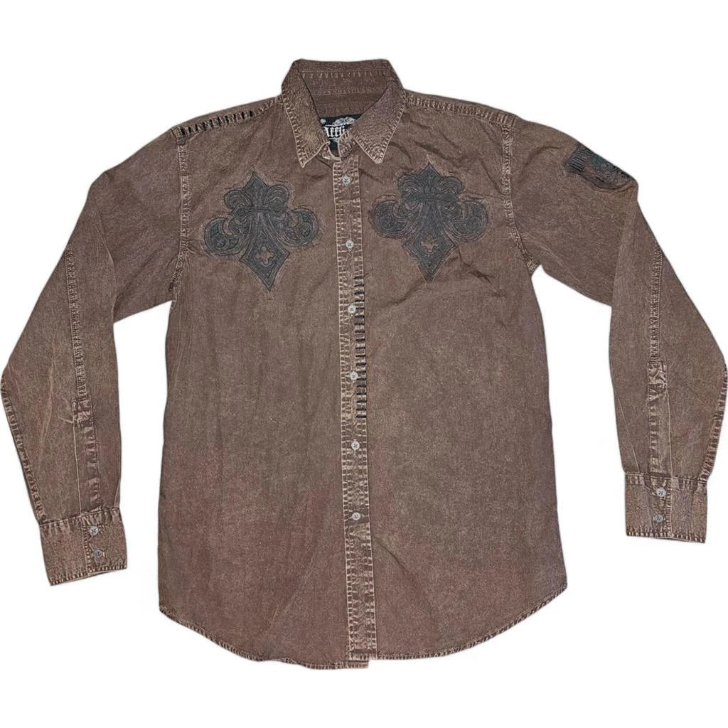 Men's Affliction Long Sleeve Button Down Up Premium Dress Shirt Size Y2K M-L