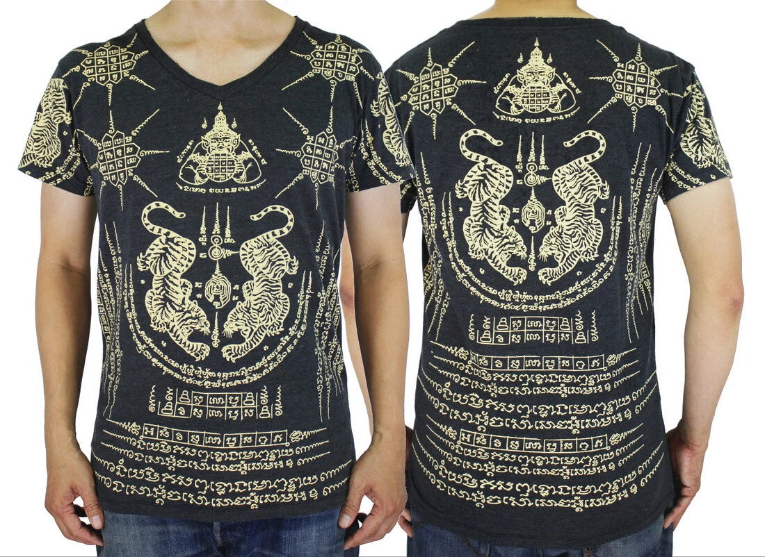WORK Tiger Muay Thai Tattoo T-Shirt Men 5 Lines Rahu Yantra Sak Yant Amulet WK06
