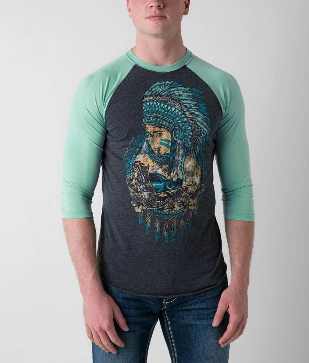 Secret Artist by Affliction Men's T-shirt Sugar Feather 3/4 Raglan Shirt Biker