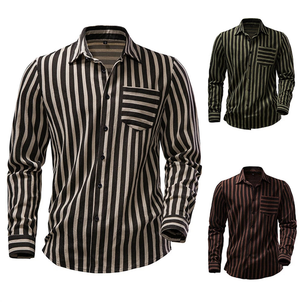 Men's Stripes Shirt Casual Slim Shirts Long Sleeve Button Down Tops Blouse
