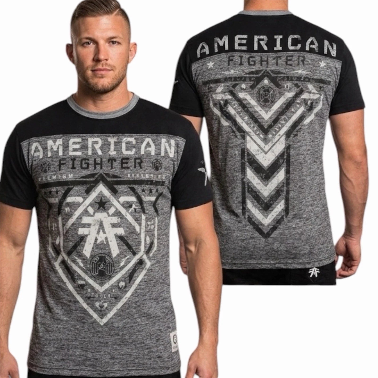 AMERICAN FIGHTER Black Heather Grey HARTWELL  Athletic Graphic T-shirt NWT