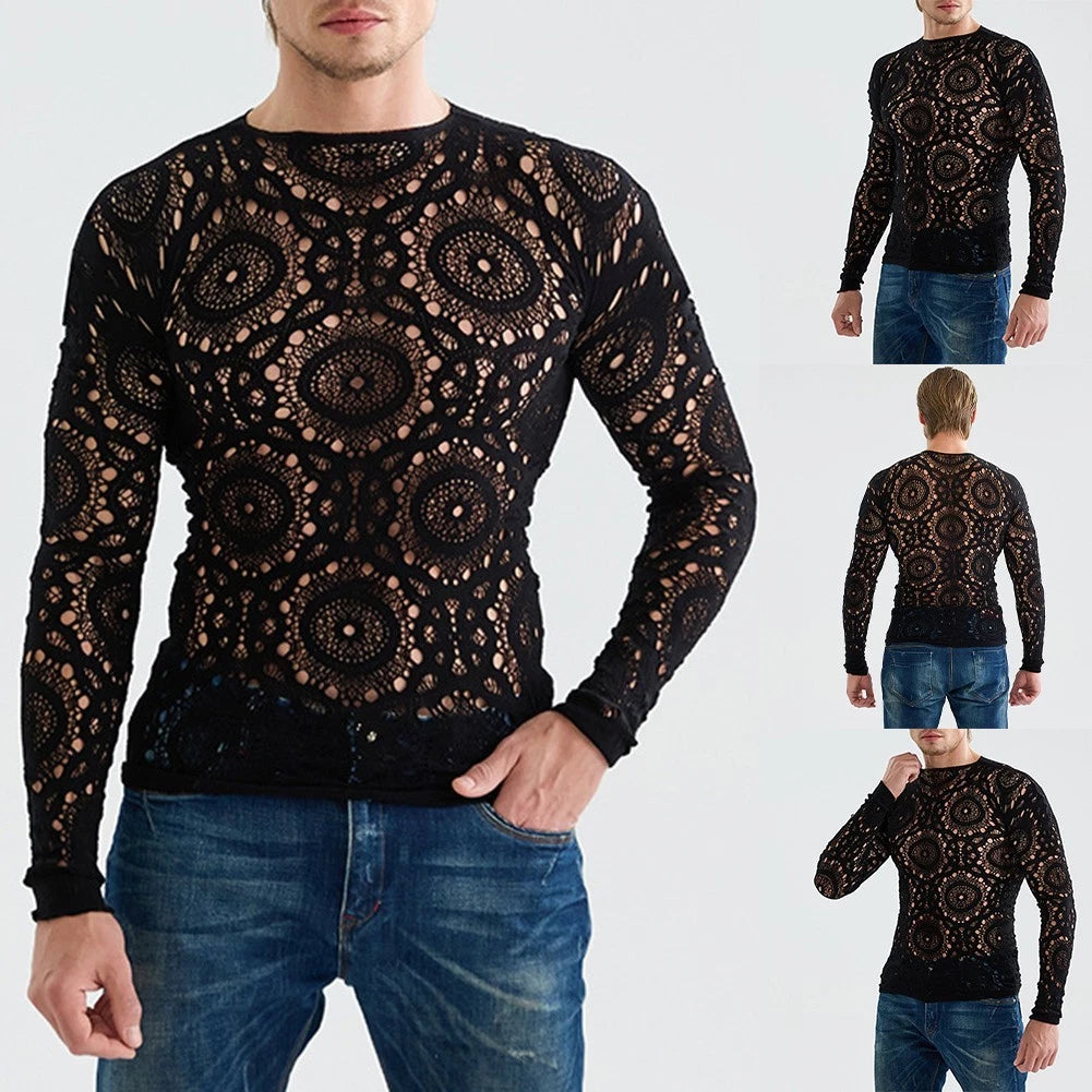 Mens Elasticated Long Sleeve Mesh T-Shirt with Hollow Design for Stylish Outings