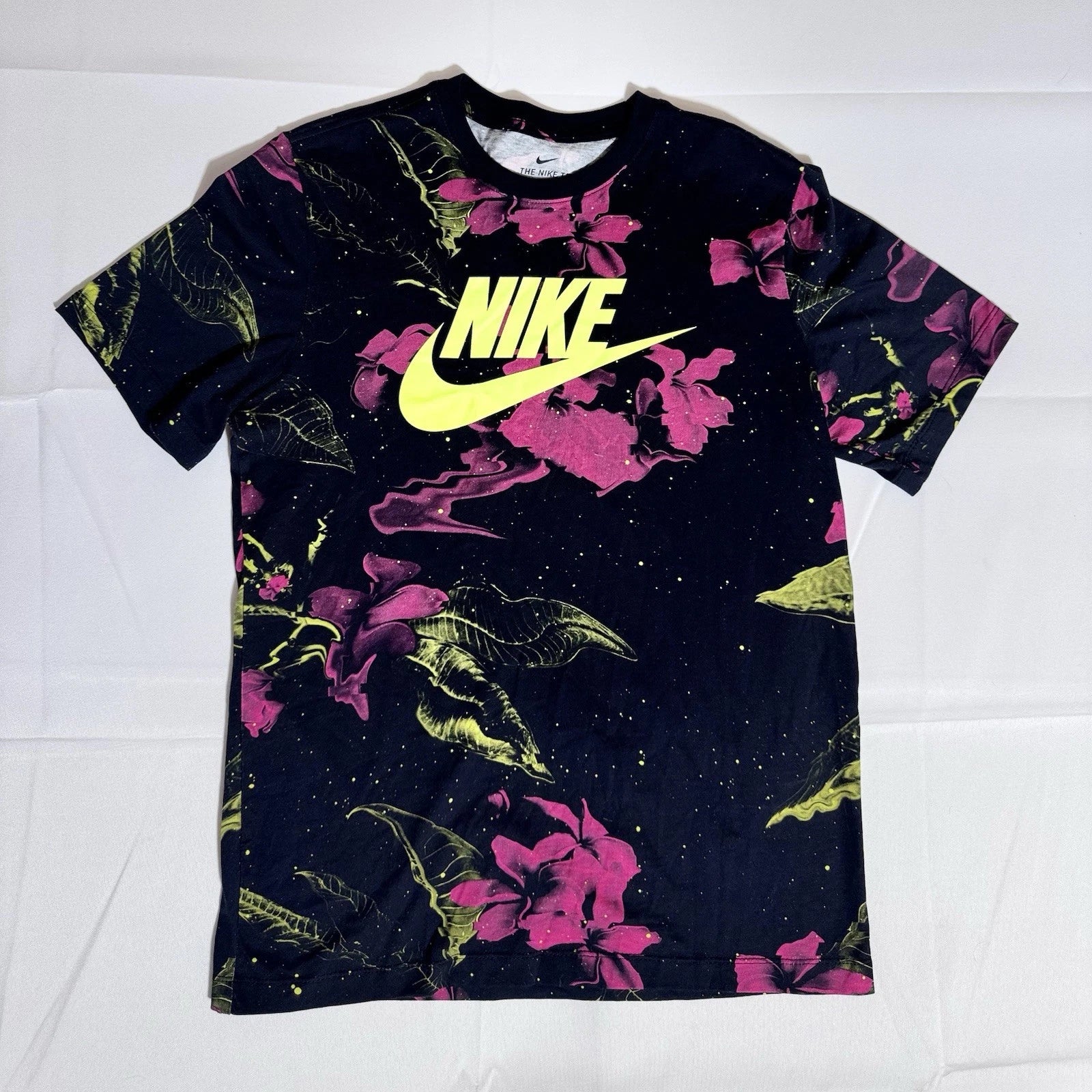 Nike Tee Shirt, AOP, Floral/Leaves/Galaxy, 100% Cotton, Black, Male, Medium