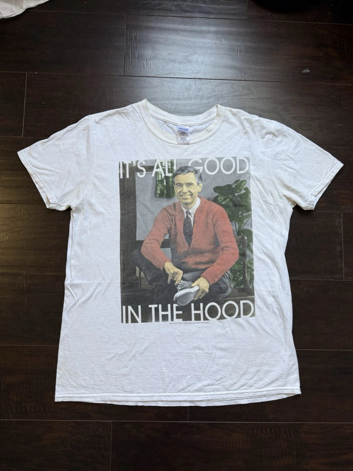 Mister Rogers Shirt  White Funny Graphic Its All Good Hood Tee Mens Size Large