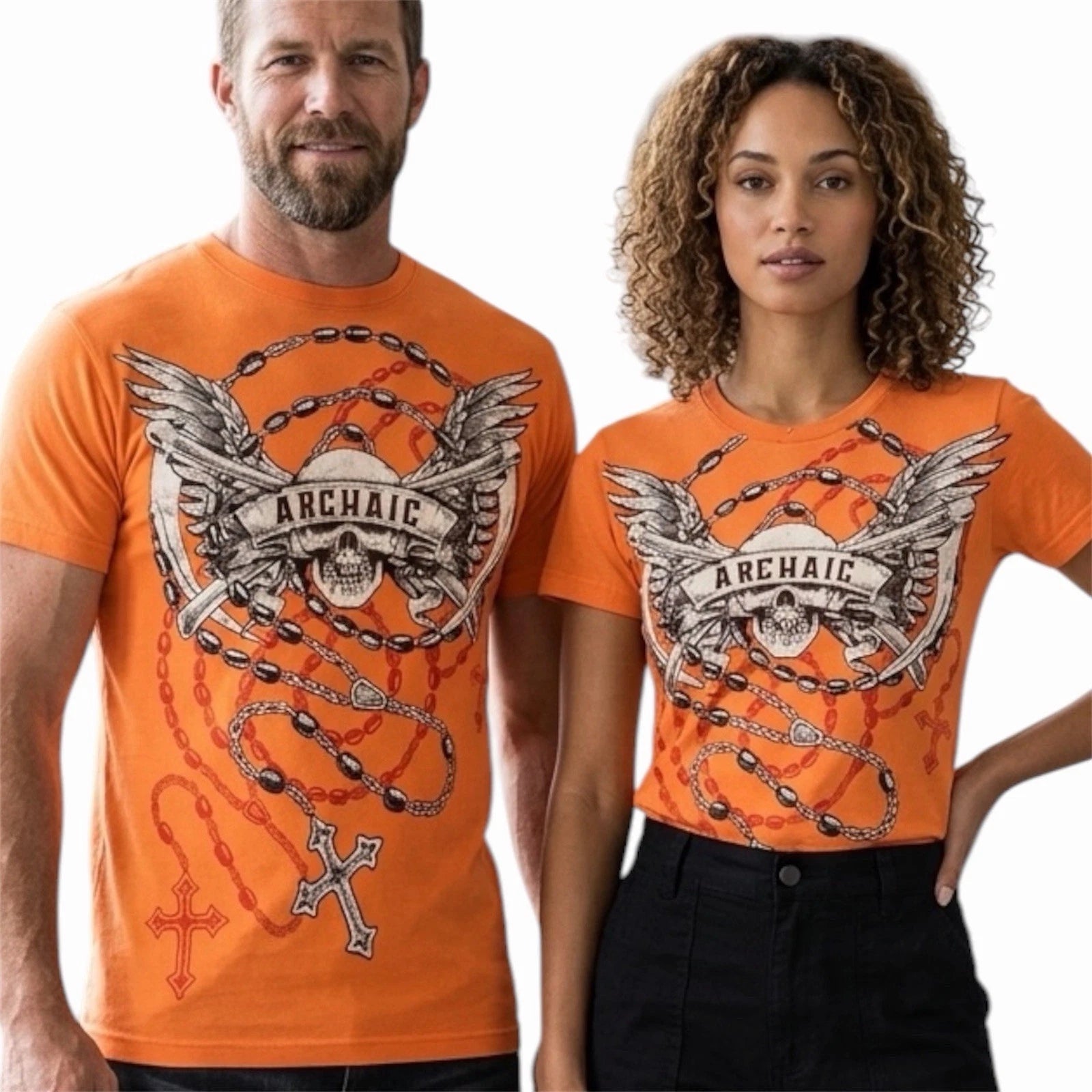 ARCHAIC by AFFLICTION Orange HIT HARD Short Sleeve Slim Fit Y2K T-shirt NWT