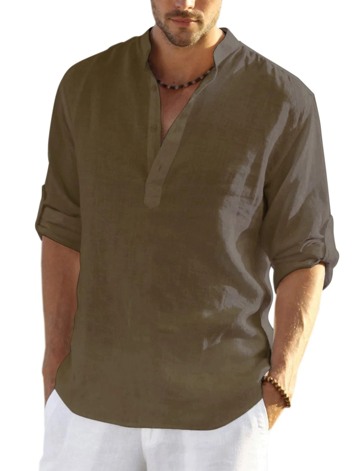Men's Cotton Hemp Long Sleeve Casual Beach Henley Shirt(BROWN,XL)