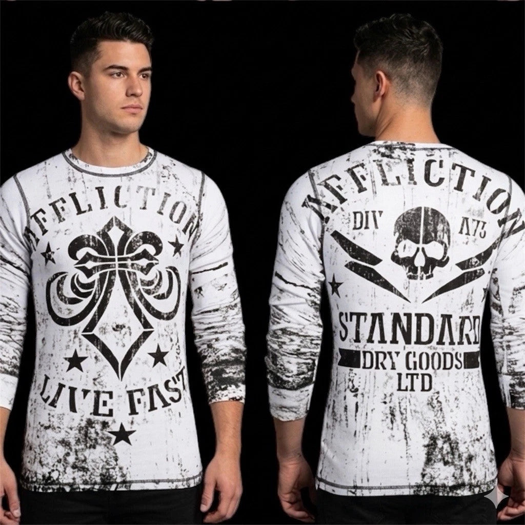 $78 AFFLICTION White DEATH MACHINE Long Sleeve Slim Fit Y2K Thermal T-shirt NWT