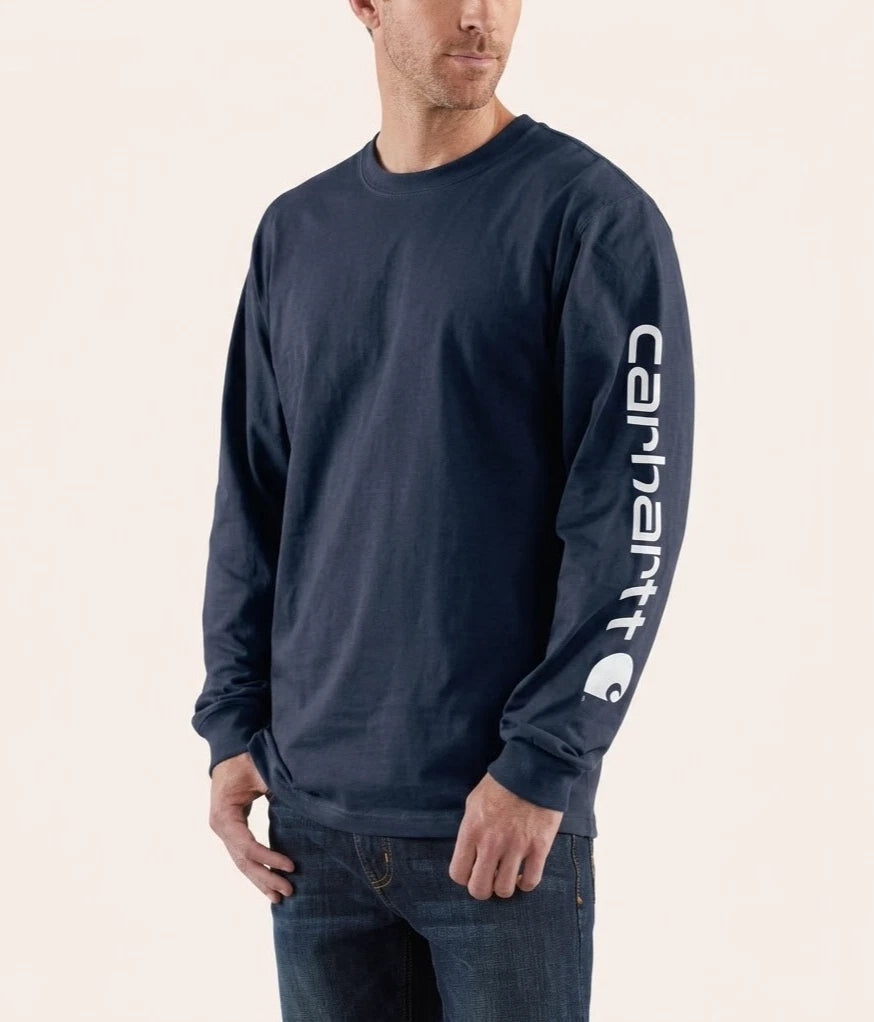Mens Work Long Sleeve T-Shirt Navy Logo Sleeve Cotton Casual Heavyweight Tee L