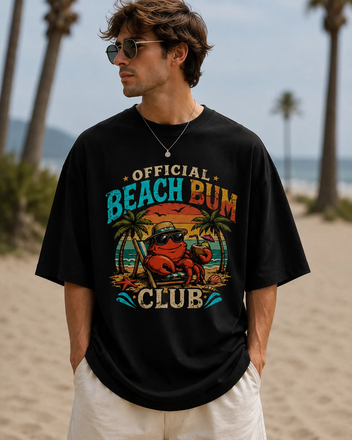Beach Bum Club Dropped shoulders T Shirt Summer Vacation Crab Graphic NEW