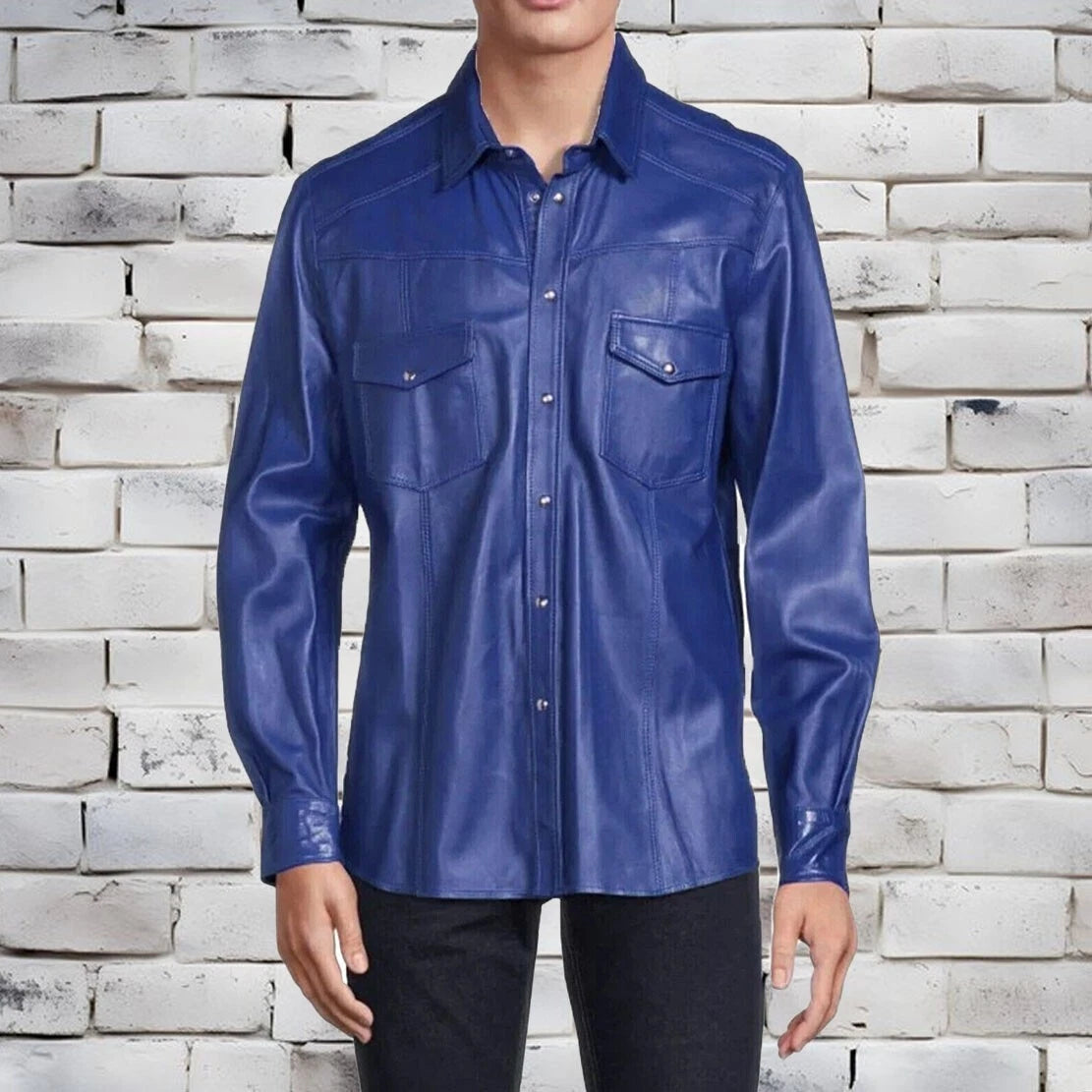 NEW Basic Men Genuine Blue Lambskin Real Leather Shirt Handmade Casual Wear Coat
