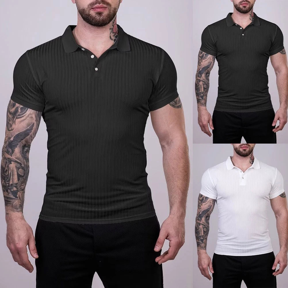 Men's Casual Short Sleeve Ribbed Pullover T-Shirt Slim Fit Streetwear Polyester