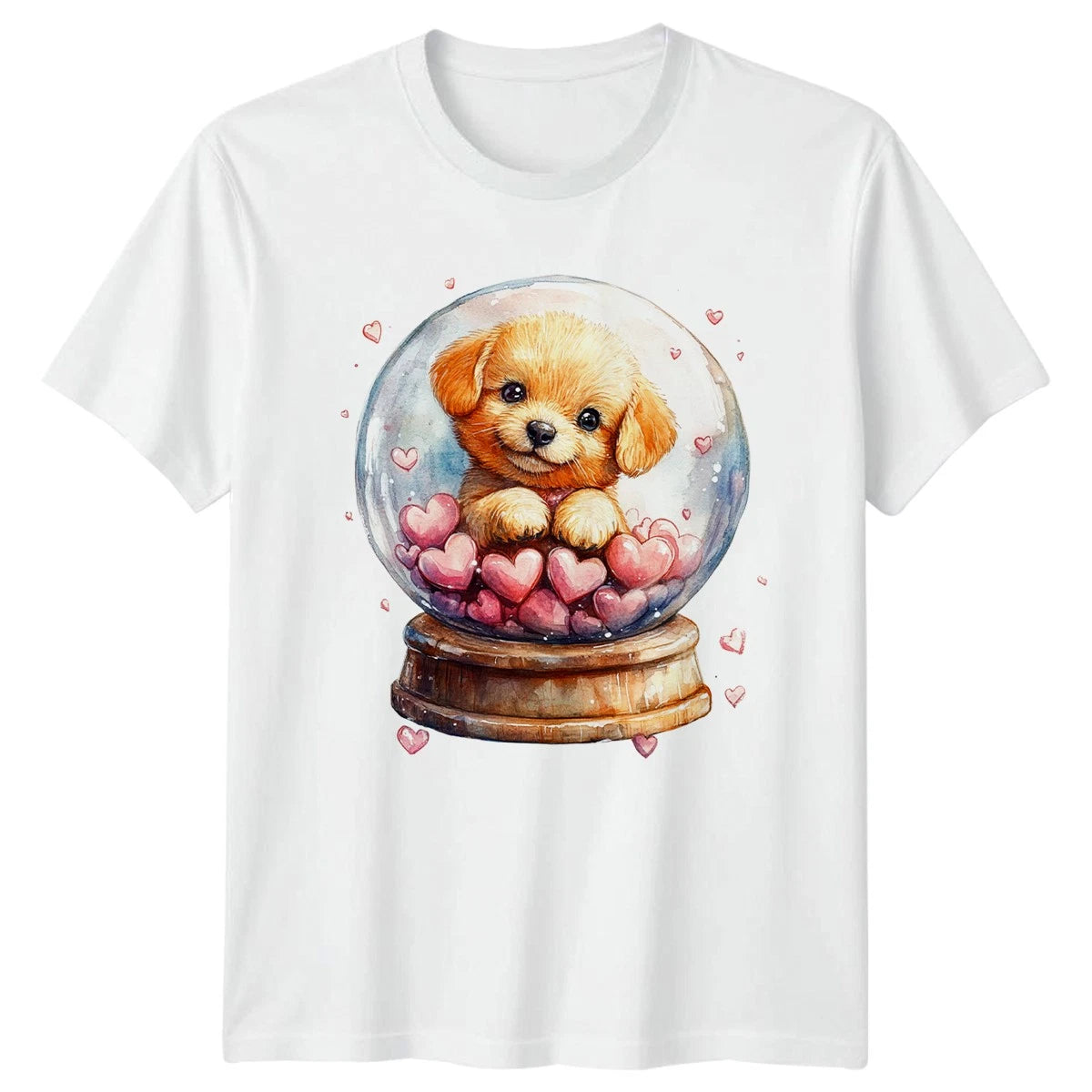 Puppy In Snow Globe Hearts Womens T-Shirt Mens Tee Graphic Unisex Top