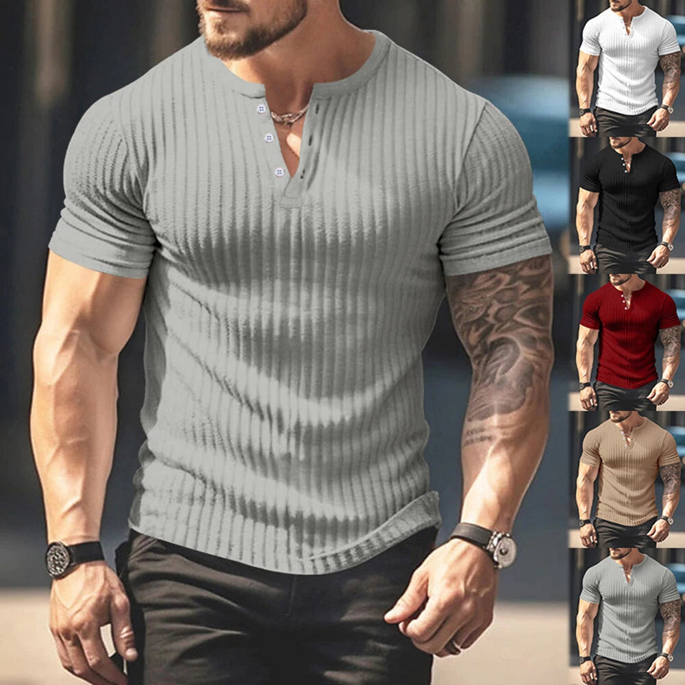 Mens Casual Short Sleeve Ribbed Knit T-shirt Solid Slim Fit Stretch Muscle Tops