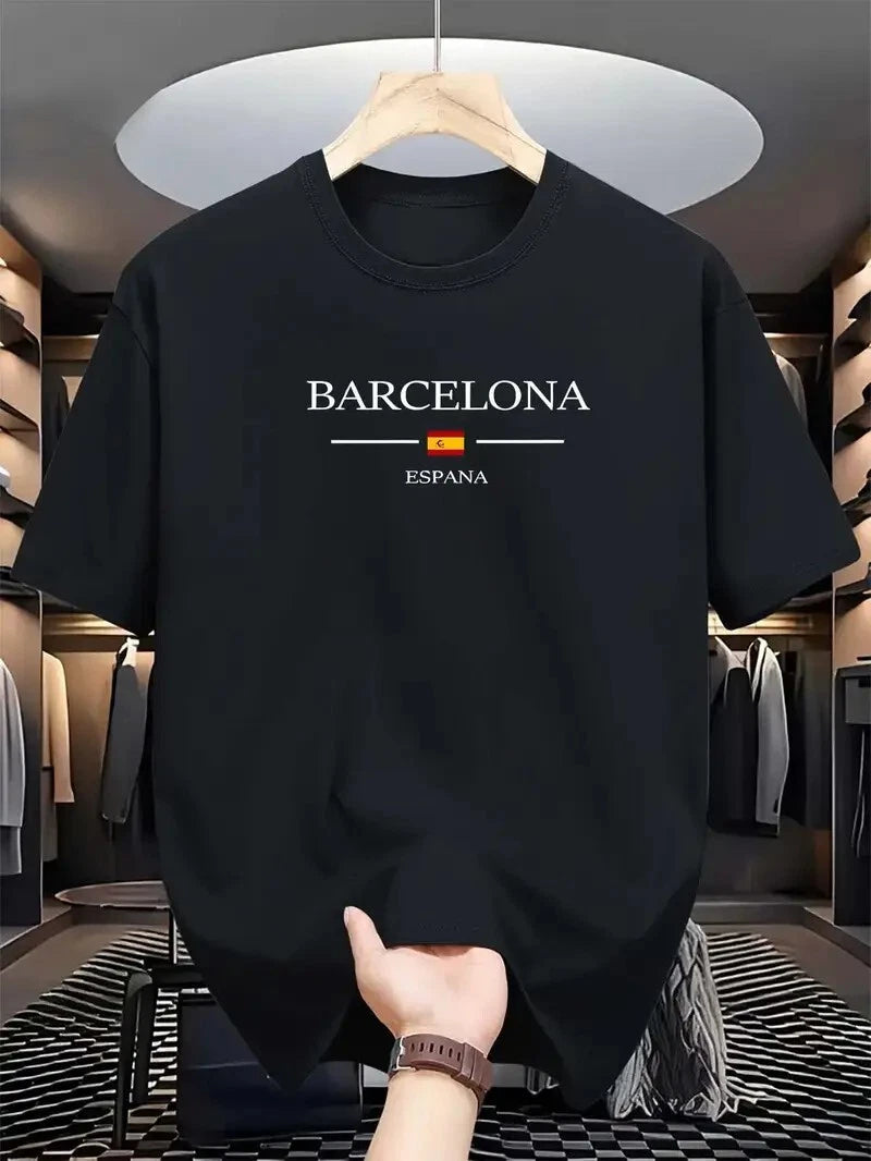 Mens Cotton Barcelona Espana Print T-Shirt Soft Short Sleeve Holiday Cool Tees